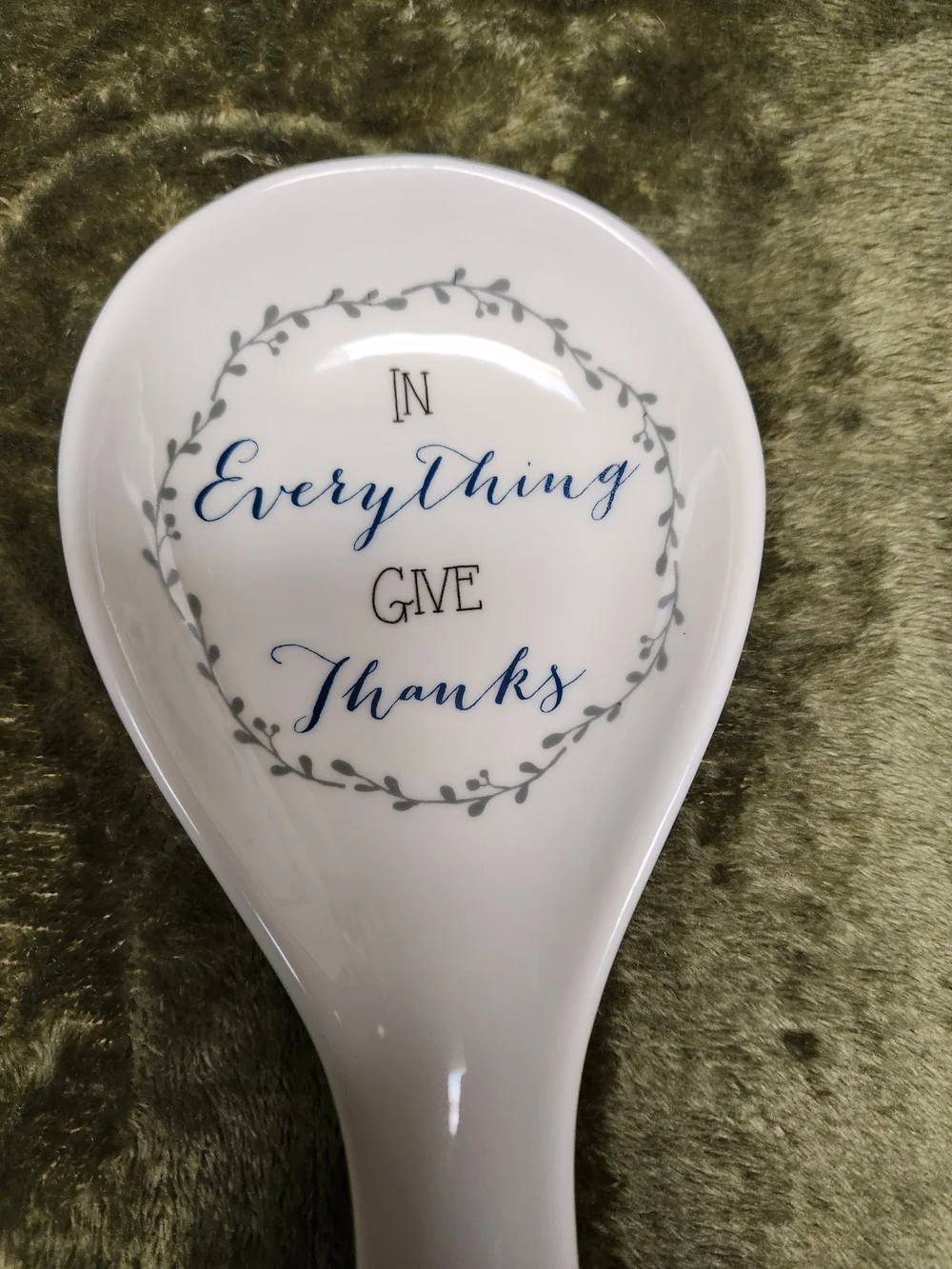 White Ceramic Spoon Rest with Blue Script Message
